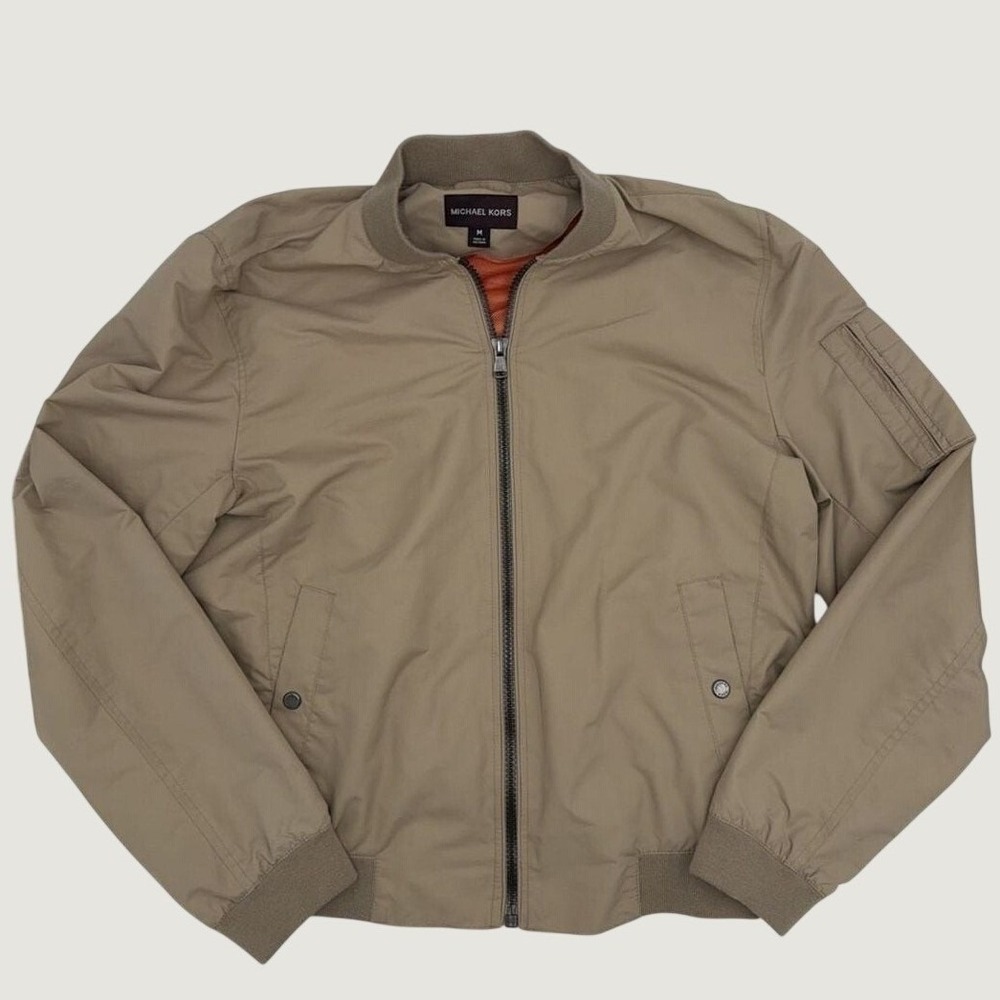 Michael Kors Mens Bomber Jacket Tan Khaki Full Zip Mesh Lined Size M Coat‎ New